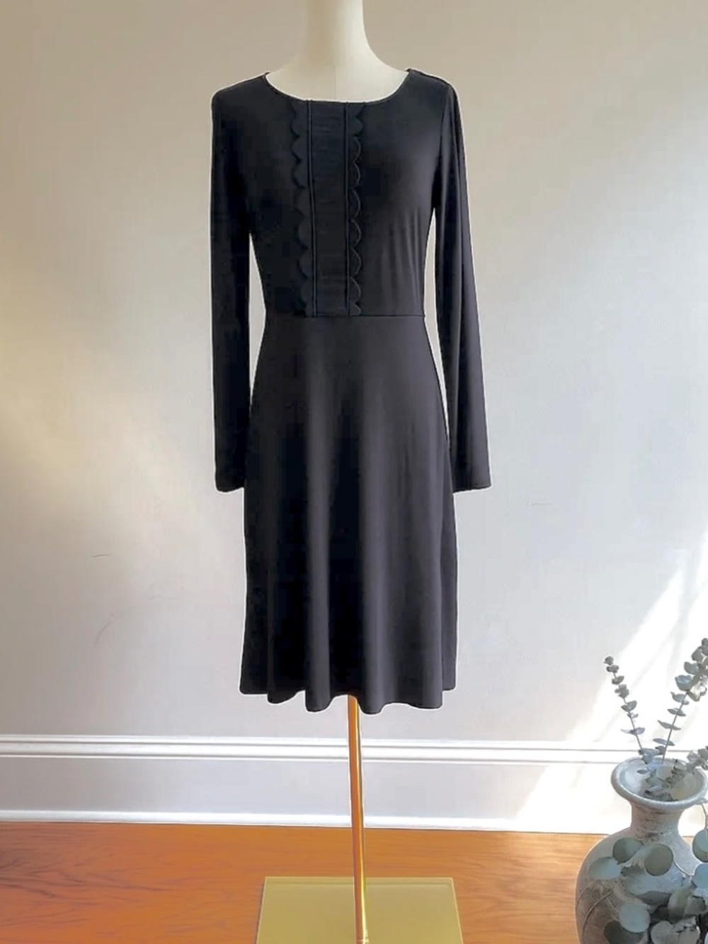 Boden Scallop Lace Jersey Day Dress 6R Black Long Sleeve‎ Fit Flare Work Career